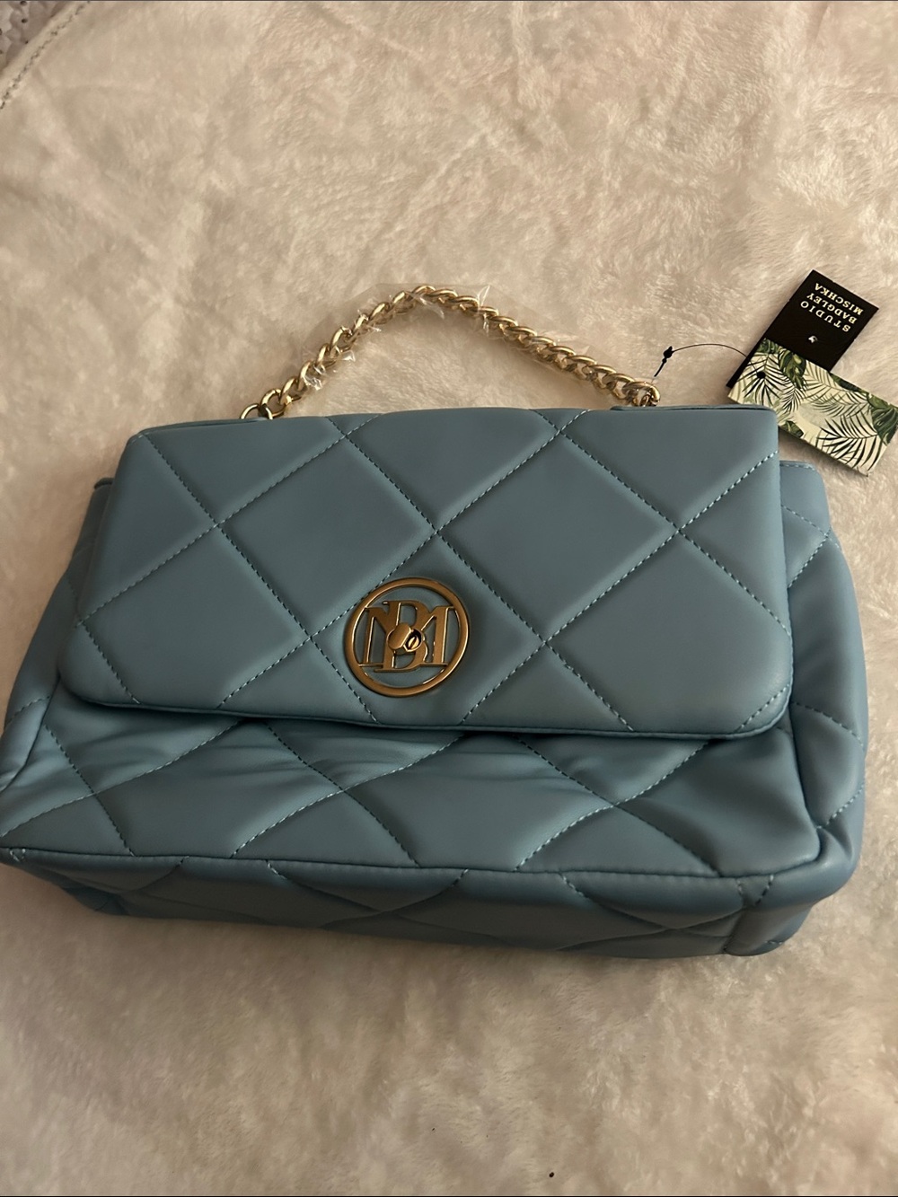 Badgley Mischka Quilted Light Blue Shoulder Bag with Gold Hardware
